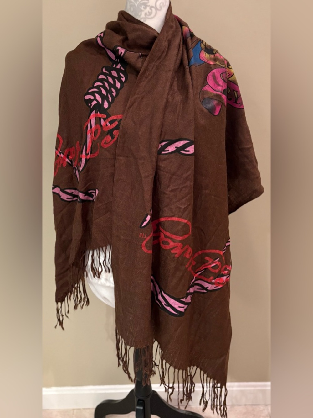 Vintage Ed Hardy Brown Fringe Scarf/Shawl/Wrap with Pink & Red Script Accents